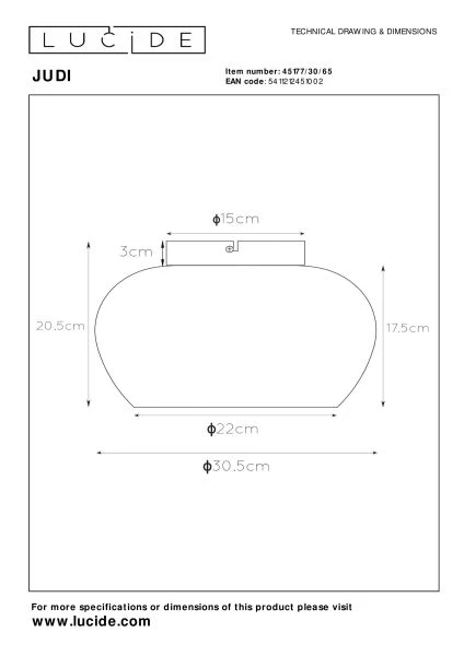 Lucide JUDI - Plafonnière - Ø 30,5 cm - 1xE27 - Fumé - technisch